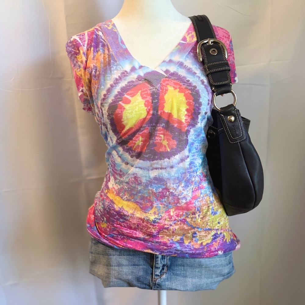 Y2K Trashy Mcbling Sleaze Tie Dye Peace Sign V-Neck T-Shirt Multicolor Boho